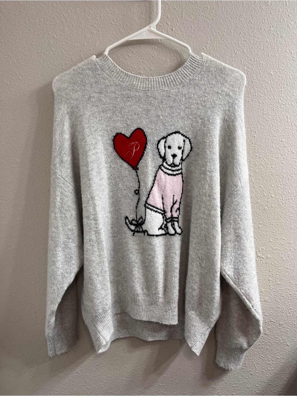 PINK Victoria's Secret Gray Sweater with Dog & Heart Graphic